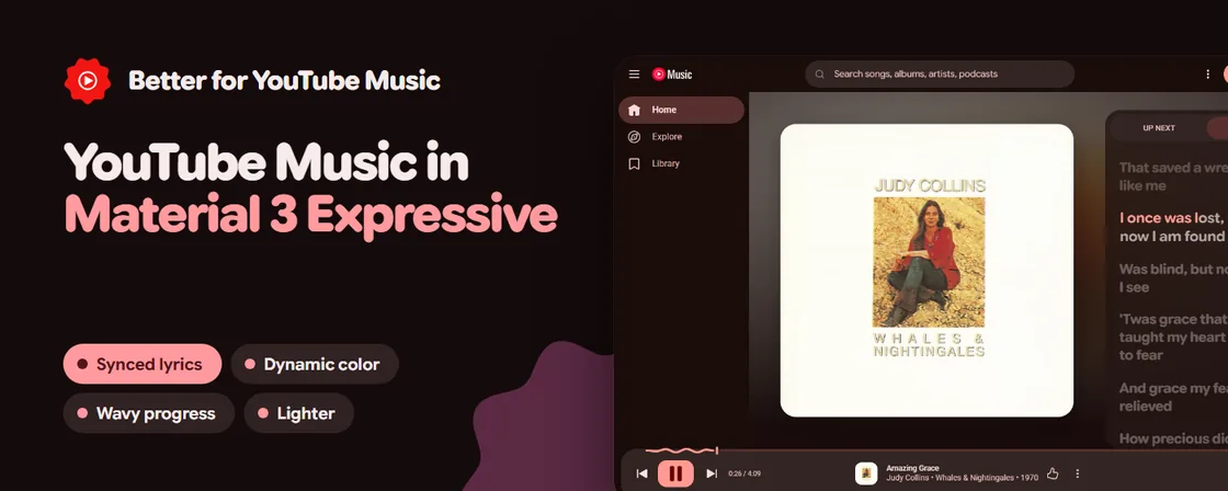 Better for YouTube Music — screenshot di YouTube Music ridisegnato