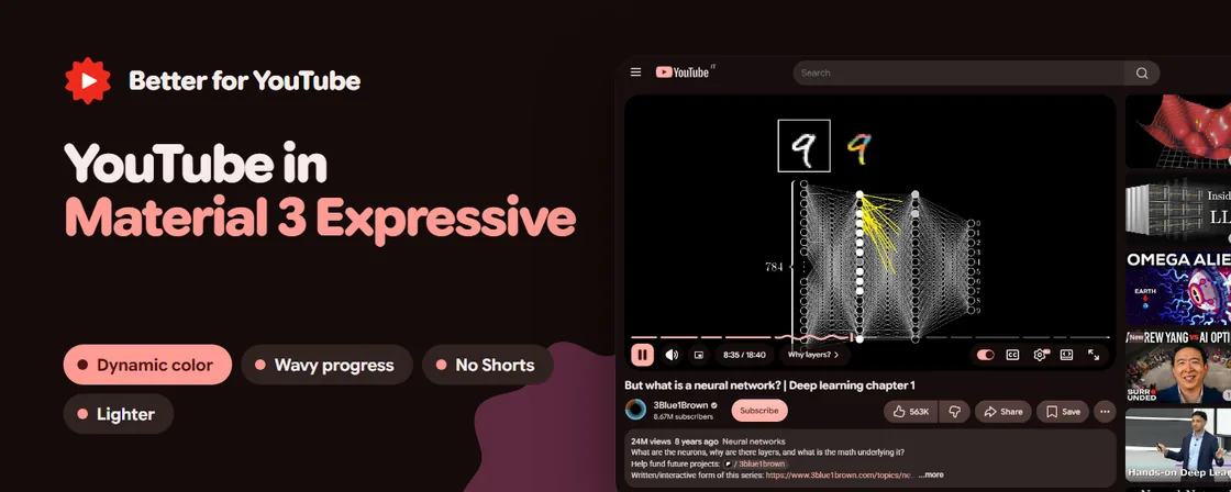 Better for YouTube — screenshot di YouTube ridisegnato