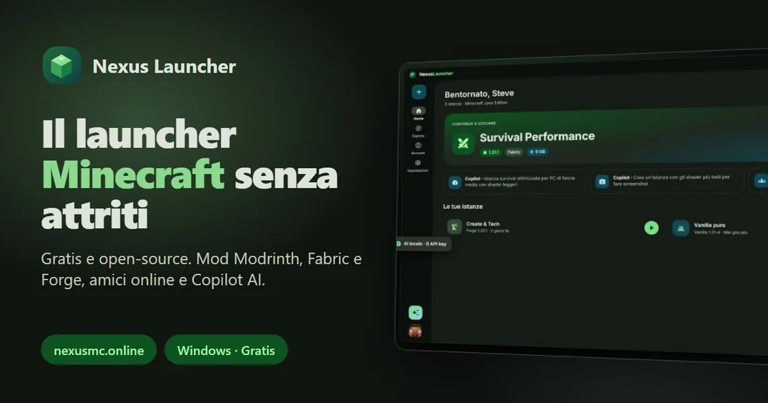 Schermata principale di Nexus Launcher con le istanze di Minecraft